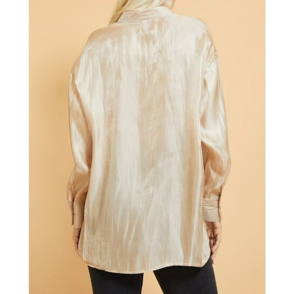 Glam Shimmer Me Loose Fitted Split Neck Blouse Taupe Shimmer Size Large NWT - Picture 2 of 2